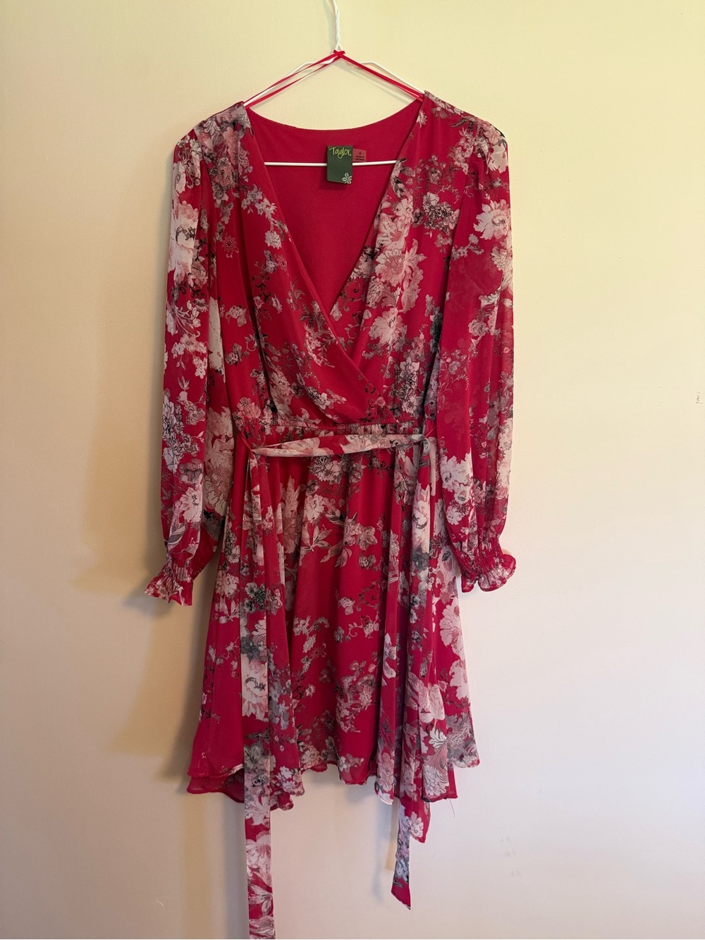 Taylor Red Floral Long Sleeve Wrap Dress with Tie